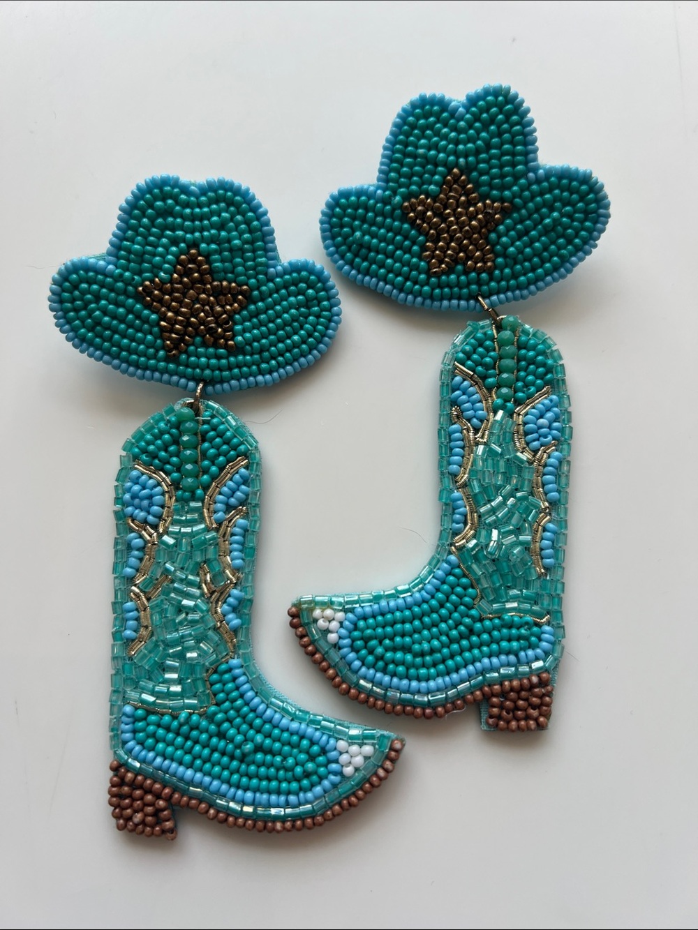 Turquoise Beaded Cowboy Boot & Hat Statement Earrings